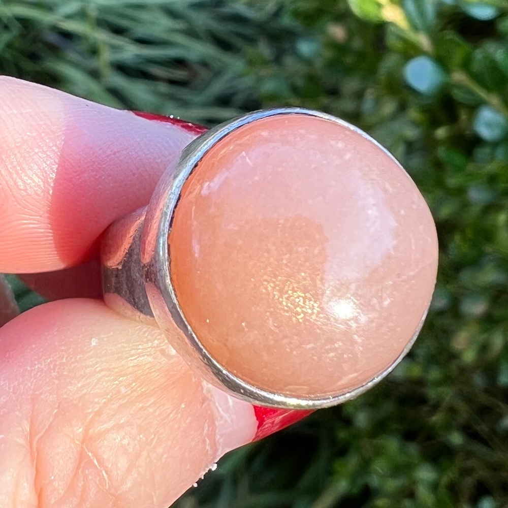 VINTAGE LARGE PEACH PINK MOONSTONE 925 STERLING SILVER RING ENGLISH HALLMARKS